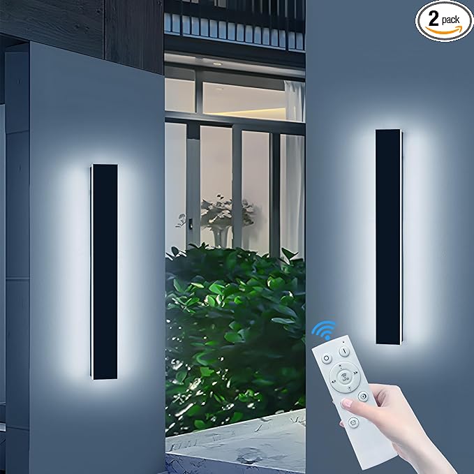 2 Pack 23.6inch Modern Outdoor Light Fixture, 3000K-6000K Dimmable LED Wall Sconce, IP65 Waterproof Black Linear Exterior Lighting for House, Porch, Patio, Garage with Remote Control