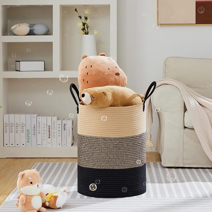 VIPOSCO Large Laundry Hamper, Tall Woven Rope Storage Basket for Blanket, Toys, Dirty Clothes in Living Room, Bathroom, Bedroom - 100L Brown & Black
