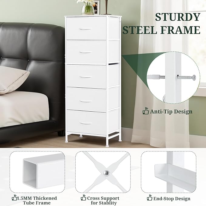 Nightstand, 5 Drawer Dresser End Table Bedside Furniture with Wooden Top Steel Frame Fabric Bins for Bedroom, Closet, Entryway, Dorm, Living Room, White