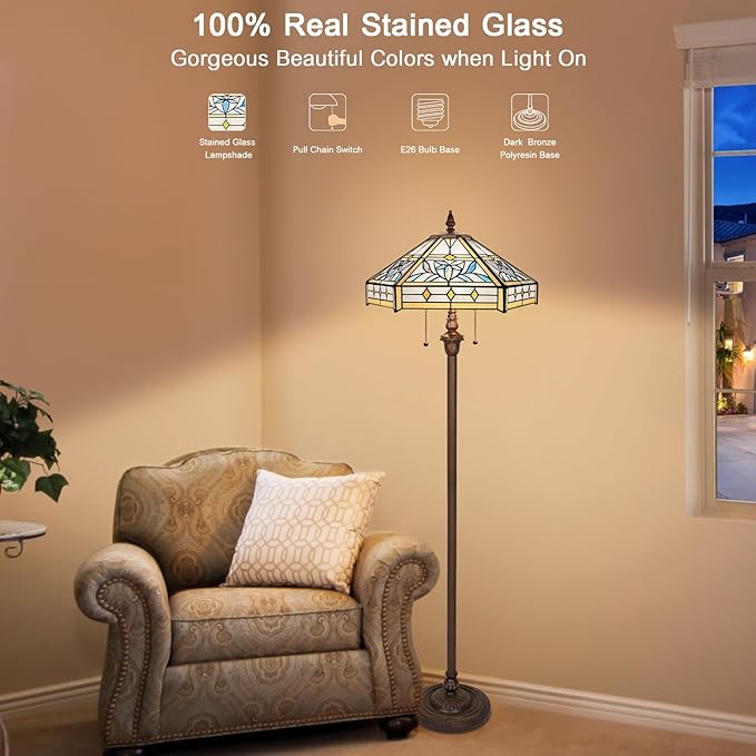 Capulina Tiffany Lamp Stained Glass Floor Lamp 2-Light 16X16X63 Inches Mission Hexagon Tiffany Style Standing Reading Lamp for Living Room Bedroom Home Office