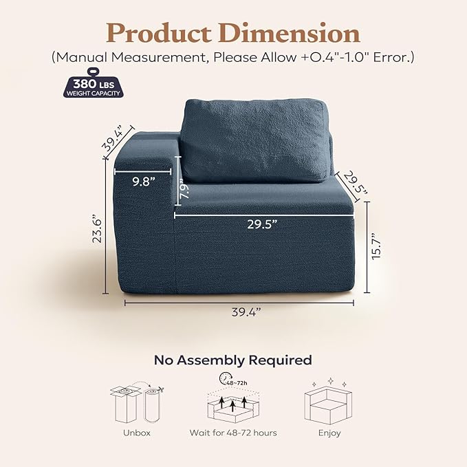 40" Single Sofa for Adults, Upholstered Floor Sofa Couch with Pillow, Teddy Boucle Sofa for Bedroom Living Room, No Assembly Required (Teddy Boucle, Blue)