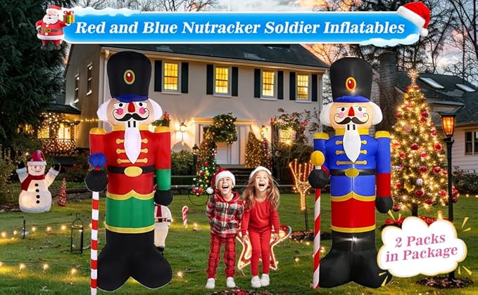 2 Packs 8ft Nutcracker Soldier Christmas Inflatable Decor for Yard/Outdoor/Lawn/Porch Decor (Red/Blue Nutcracker)