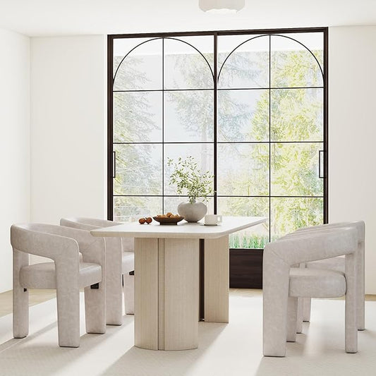 Modern Barrel Dining Chairs Set of 4, PU Leather Upholstered Accent Side Chair with Arms Comfy Makeup Vanity Chairs, Dining Living Room Kitchen Chairs, Grey