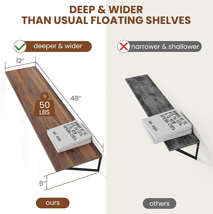 Heimlove 12 Inch Deep Floating Shelves for Wall, 48W x 12D Wood Wall Shelves Set of 2, Walnut Wide Floating Bookshelf for Living Room, Kitchen, Office, Bedroom, with Black Metal Bracke - Walnut