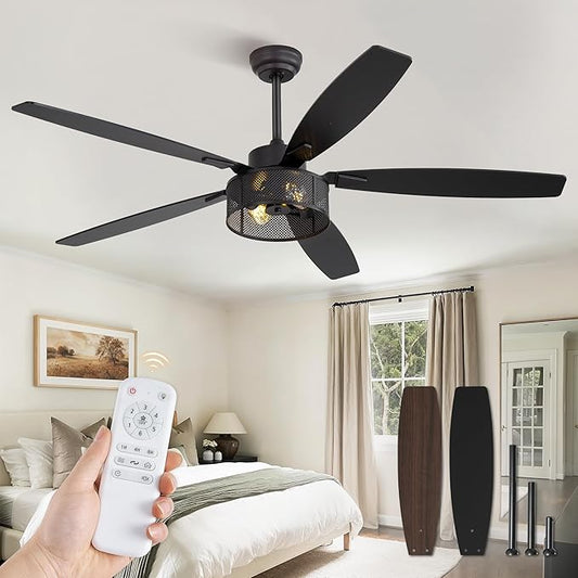 Farmhouse Ceiling Fans with Lights and Remote, 60 Inch Industrial Black Caged Ceiling Fans for Living Room Bedroom Kitchen, 6 Speed Reversible Quiet DC Motor, Dual Finish 5 Blades