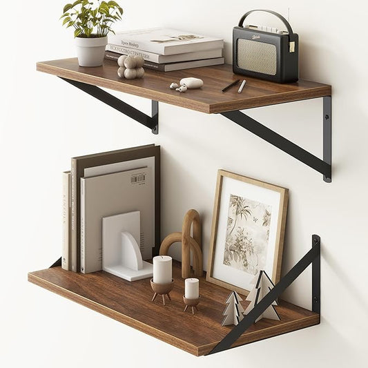 Fun Memories 20 Inch Floating Shelves, Deep Wall Shelves for Kitchen, 20 x 10 Floating Shelf for Living Room, Bedroom, Farmhouse Floating Shelves for Home Decor Storage, Walnut, Set of 2
