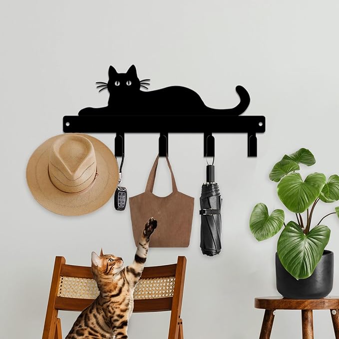 magilab Cat-Themed 10-Inch Iron Key Hooks with 5 Hooks, Black Wall Organizer - Cute Cat Design for Home Decor, No Drill & Screw-in Options (Style L)