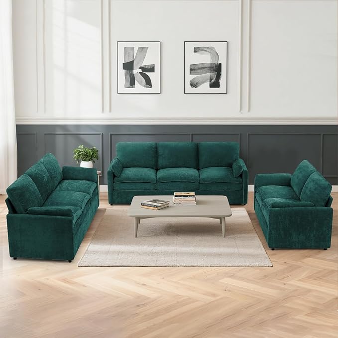 3 Pieces Chenille Sofa Set w/Arm Pillows, Upholstered Loveseat & 2 Pieces 3 Seater Sofa w/Comfortable Back Cushions, Modern 2-Seat & 3-Seat w/High-Density Foam for Living Room, Teal