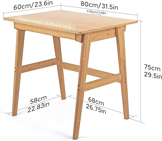 Nnewvante Writing Computer Desk 31.5" Bamboo Home Office Table with Large Drawer, Modern Furniture Simple Study Makeup Workstation
