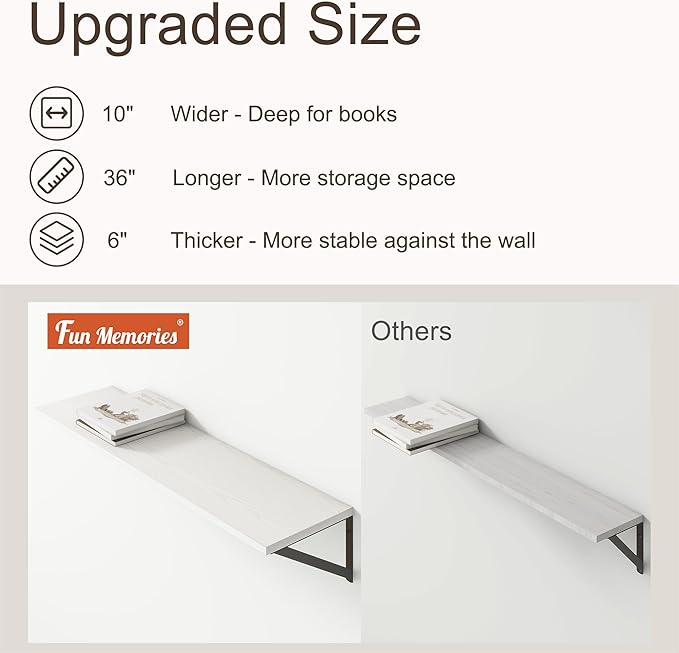 36"W x 10"D Floating Shelves, 10 Inch Deep White Floating Shelves, Farmhouse Rustic Deep Wall Shelves for Home Decor, Wide Large Floating Shelf for Bathroom, Living Room, Kitchen, Study Room