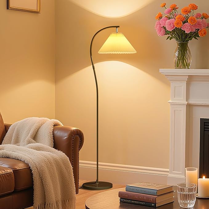 Modern Black Arc LED Floor Lamps, Bright 12W Three-Color Dimming, 14 Inch Pleated Lampshade, Living Room Corner Bedroom Bedside Office Standing Reading Lamp, Farmhouse Decoration, Warm Mood Lighting