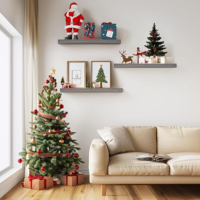 BAYKA Grey Floating Shelves for Wall, 22.5 inches Wall Mounted Rustic Wood Shelves for Bathroom, Bedroom, Living Room, Floating Shelves for Books/Storage/Decor (Set of 3)