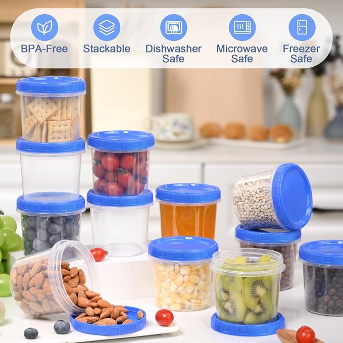 6 Pcs 10 oz Plastic Containers with Screw Lids, Reusable Clear Food Storage Containers with Pen and Brush for Snack Salad Fruit, Freezer Storage Containers, Microwave & Dishwasher Safe