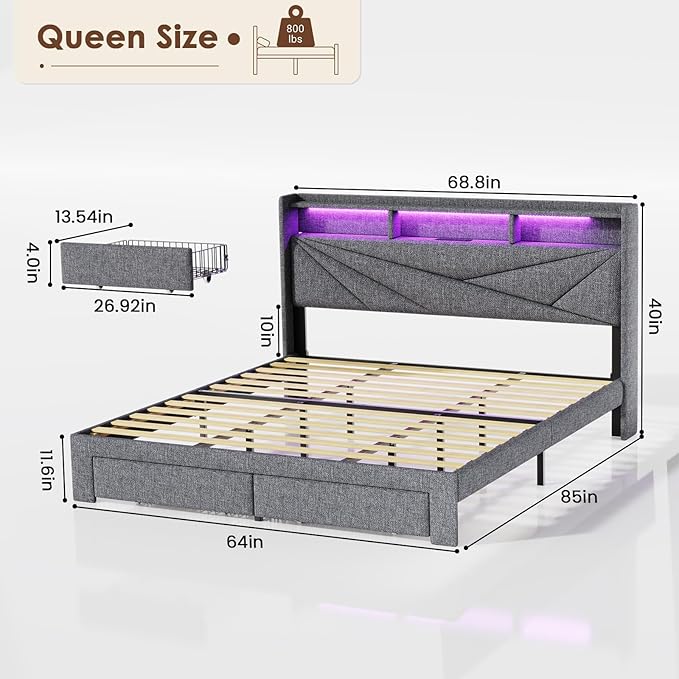 LED Queen Bed Frame with 2 Storage Drawers, Upholstered Bed Frame Queen Size with Headboard and Charging Station, No Box Spring Needed, Easy to Assembly-Light Grey