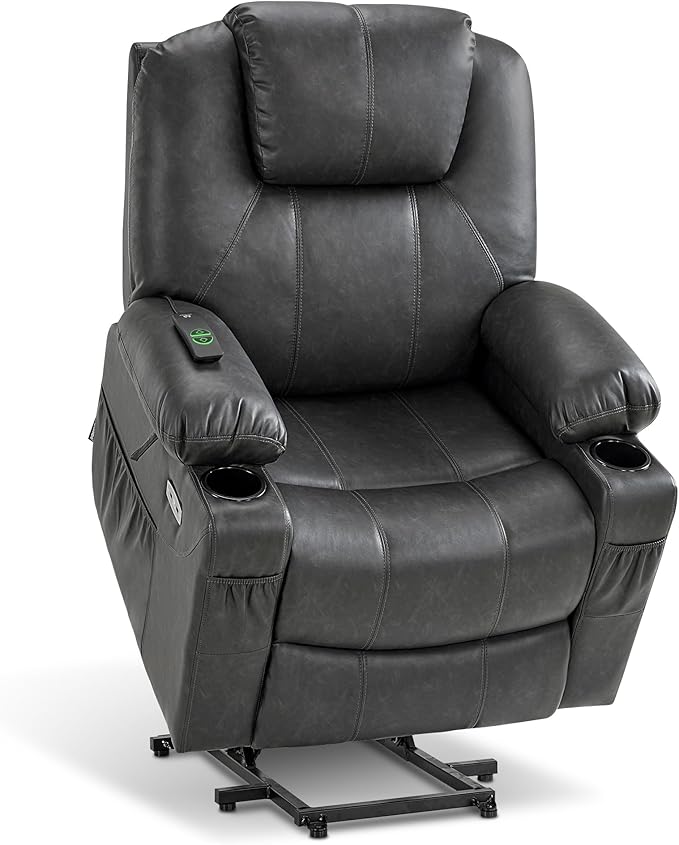 MCombo Electric Power Lift Recliner Chair Sofa with Massage and Heat for Elderly, 3 Positions, 2 Side Pockets, and Cup Holders, USB Ports, Faux Leather 7040 (Grey, Medium)