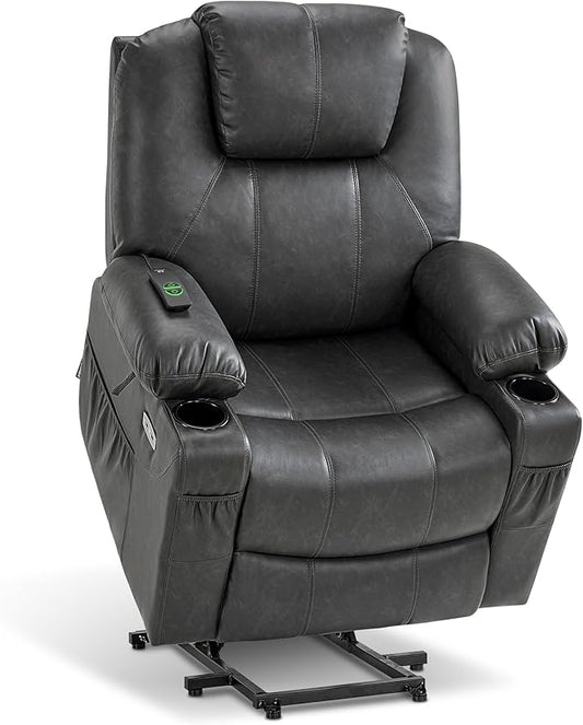 MCombo Electric Power Lift Recliner Chair Sofa with Massage and Heat for Elderly, 3 Positions, 2 Side Pockets, and Cup Holders, USB Ports, Faux Leather 7040 (Grey, Medium)
