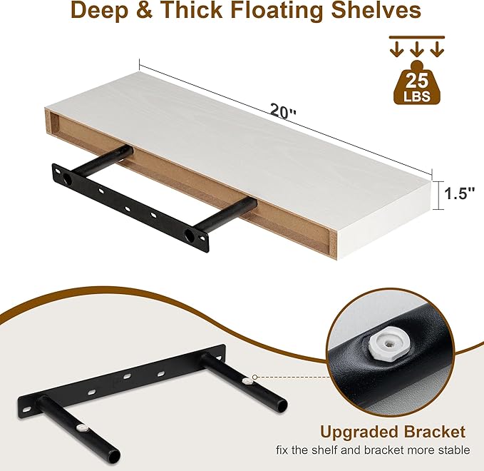 Fun Memories Floating Shelves for Wall, 20Inch Floating Shelves Set of 2, Hanging Shelf with Invisible Brackets, Wood Shelves for Living Room, Bedroom, Kitchen, White