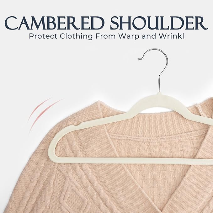 HOUSE DAY Ivory Velvet Hangers 60 Pack, Non Slip Clothes Felt Hanger Heavy Duty for Coat, Premium Slim Space Saving Suit Hangers for Closet Organizer, 360° Rotating Silver Hook