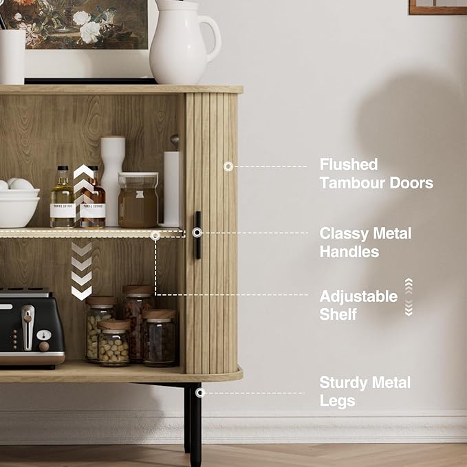 31''W Natural Buffet Sideboard Cabinet with Storage, Fluted Storage Cabinet with Curvy Edge; Sliding Door, Freestanding Accent Credenza, Console Table for Living Room, Kitchen, Hallway