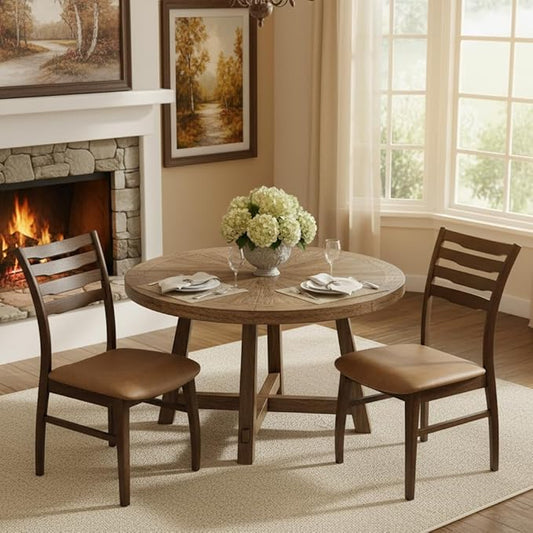 DUOMAY Farmhouse Dining Chairs Set of 2, PU Brown Upholstered Side Chairs Solid Wood Ladder Back Kitchen Chairs for Home Dining Room, Walnut Frame