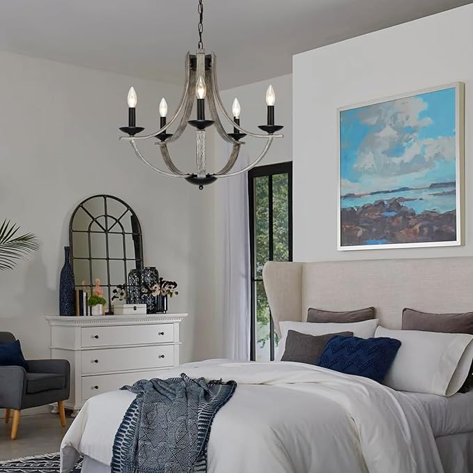 Farmhouse Chandeliers for Dining Room Light Fixture, 5-Light 24 inch Faux Wood Texture Hanging Lighting Fixtures,Rustic Candle Chandeliers for Living Room Kitchen Island Foyer Entryway