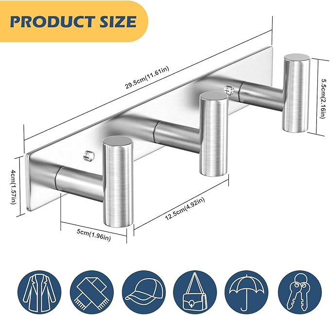 HUFEEOH 2 Pack Coat Hooks Wall Mount, Silver T Shaped 3 Hooks Wall Hooks Stainless Steel Coat Hanger, Heavy Duty Towel Hooks Purse Rack for Hanging