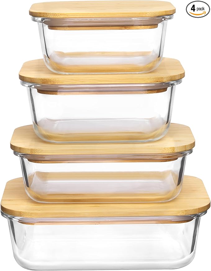 Vtopmart Glass Food Storage Containers with Bamboo Lids, 4 Pack Meal Prep Glass Containers Safe for Microwave, Oven, Freezer and Dishwasher, BPA Free