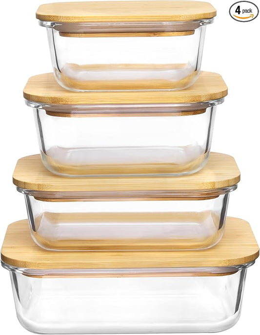 Vtopmart Glass Food Storage Containers with Bamboo Lids, 4 Pack Meal Prep Glass Containers Safe for Microwave, Oven, Freezer and Dishwasher, BPA Free