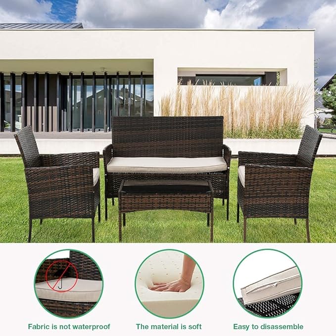 Outdoor Patio Furniture Sets 4 Pieces Patio Set Rattan Chair Wicker Sofa Conversation Set Patio Chair for Backyard Lawn Porch Poolside Balcony Garden Furniture Sets with Coffee Table (Brown)