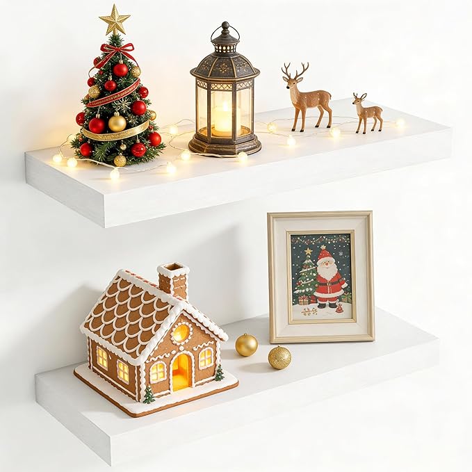 24 Inch Floating Shelves for Wall, 8 Inch Deep Floating Shelf for Storage & Display, Rustic Wall Mounted Shelf with Invisible Brackets for Living Room, Kitchen, Bathroom, Home Decor, Set of 2, White