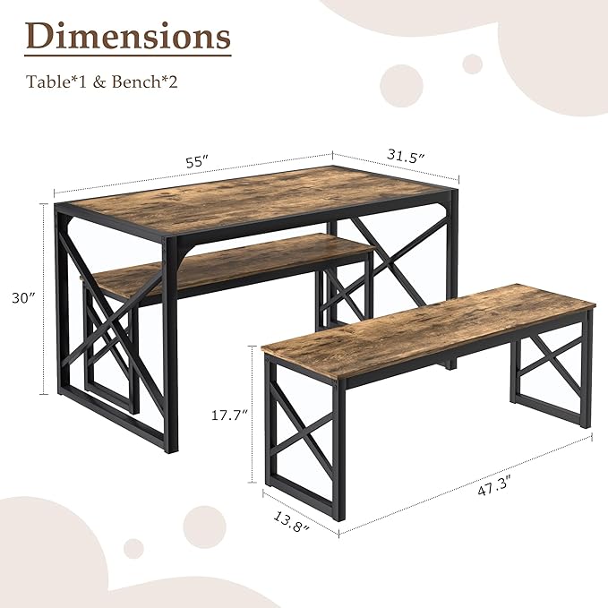 VECELO Kitchen Dining Table Benches Set for 4, 55" Wooden Dinette with 2 Benches, Heavy-Duty Dining Room Table for Small Space, Breakfast Nook, Brown