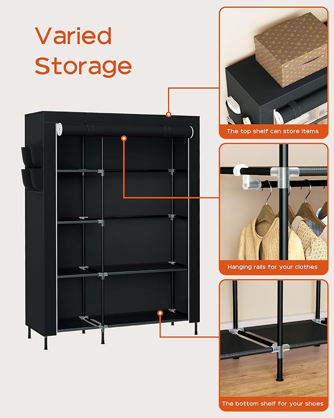 Portable Closet, 48 Inch Large Capacity Wardrobe Closet, Clothes Storage Organizer with Shelves and Hanging Rod, Easy to Assembly, Black PCT221B01