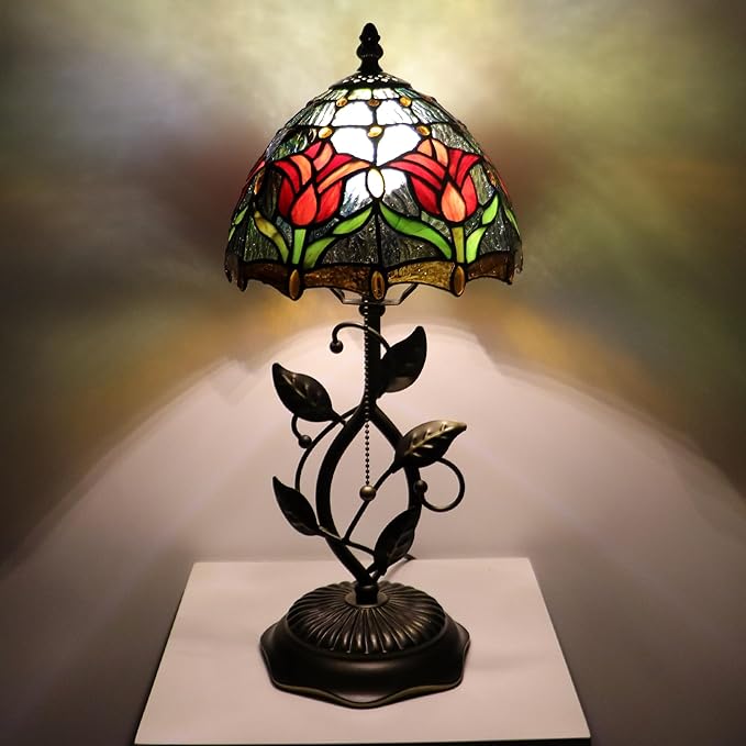 Small Tiffany Lamp Red Tulip Style Stained Glass Table Lamps Desk Bedside Reading Light 8X8X18 Inches with Bronze Metal Leaf Resin Base