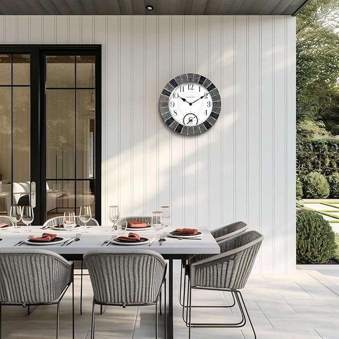 Presentime & Co 14" Illuminated in/Outdoor Clock with Smart Sensor and Night Light, Waterproof, Large Wall Clock with Thermometer, for Garden and Patio -Faux Slate.