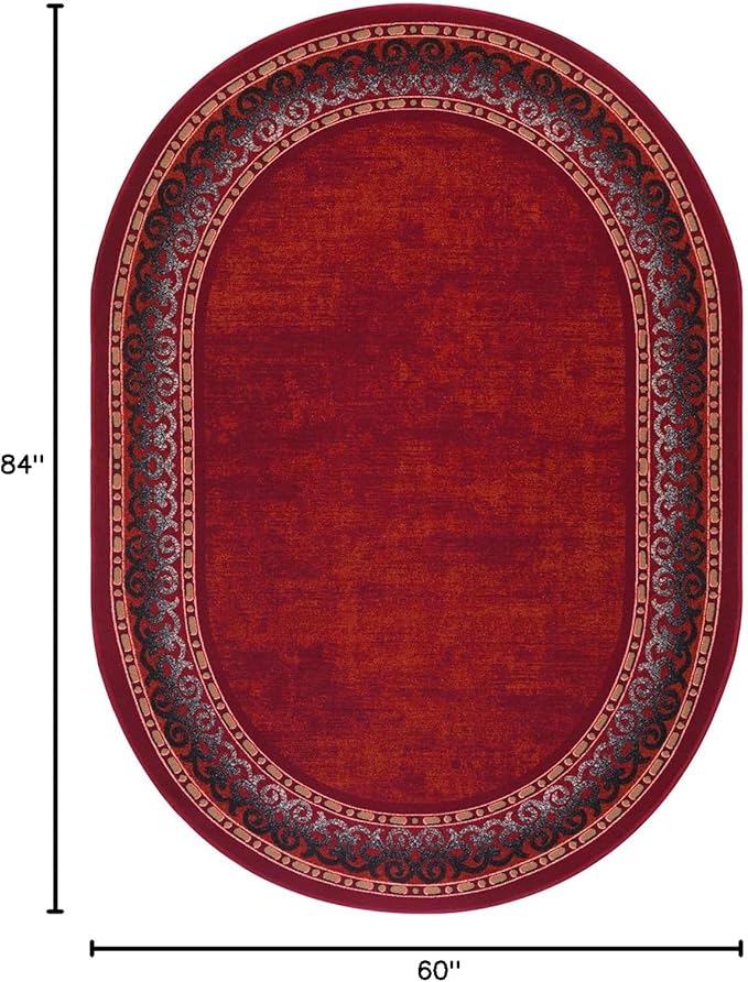 Antep Rugs Alfombras Bordered Modern 5x7 Non-Slip (Non-Skid) Low Pile Rubber Backing Indoor Area Rug (Maroon Red, 5' x 7' Oval)