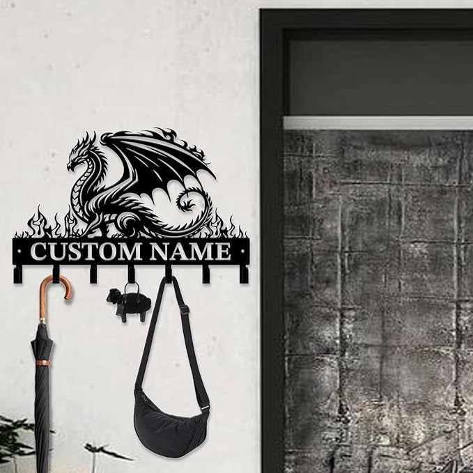 Customized Name Key Hook - Evil Dragon Design Keys Holder Decor Black Iron Metal Wall Organizer for Home & Office (Multiple Sizes) (Style D)