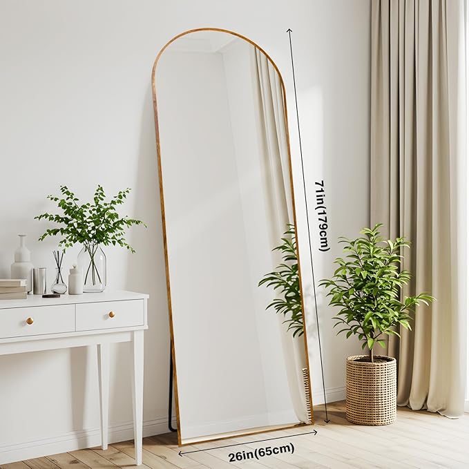 Arched 26x71 Inch Full Length Mirrors Aluminium Frame in Classic Yellowish Brown Wood Looking Free Standing Floor Mirror Full Body Wall Mounted for Bedroom Living Room and Hallway