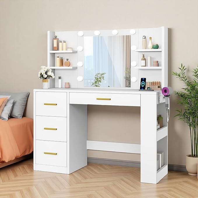 DWVO Vanity Desk with Mirror, Power Outlet and 10 Lights, 40" Big Vanity Makeup Table with 4 Drawers and 8 Open Storage Shelves, 3 Color Modes Adjustable Brightness for Bedroom, White