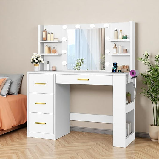 DWVO Vanity Desk with Mirror, Power Outlet and 10 Lights, 40" Big Vanity Makeup Table with 4 Drawers and 8 Open Storage Shelves, 3 Color Modes Adjustable Brightness for Bedroom, White