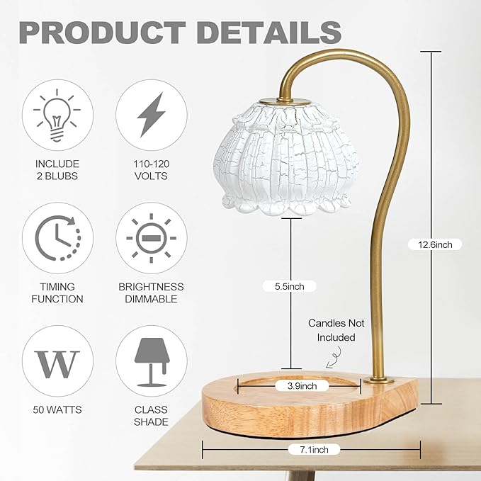 Candle Warmer Lamp with Timer, Electric Dimmable Candle Warmer Melter, Small & Large Jar Fragrance Candle Holders for Home Decoration Gift for Women, Crack-White