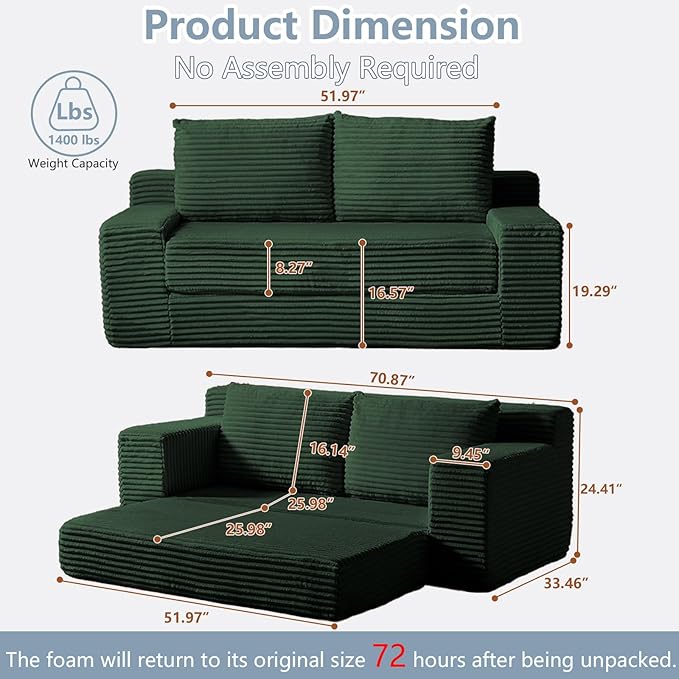 70.87" Loveseat Sofa Bed - Corduroy Upholstered, Comfy Deep Seat & Modern Design - Small Space Friendly, No Assembly Needed - Ideal for Living Room, Bedroom, Apartment, Home Office, Green