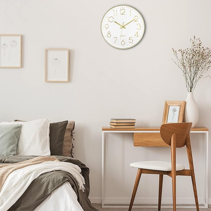 Foxtop Gold Wall Clock 12 Inch Silent Non-Ticking Battery Operated Round Modern Wall Clock for Living Room Bedroom Kitchen Home Office Decor