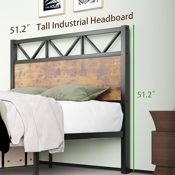 King Size Bed Frame, 51.2" Tall Industrial Headboard, King Platform Bed Frame with Strong Steel Slats Support, Noise Free, No Box Spring Needed, Easy Assembly, Rustic Brown
