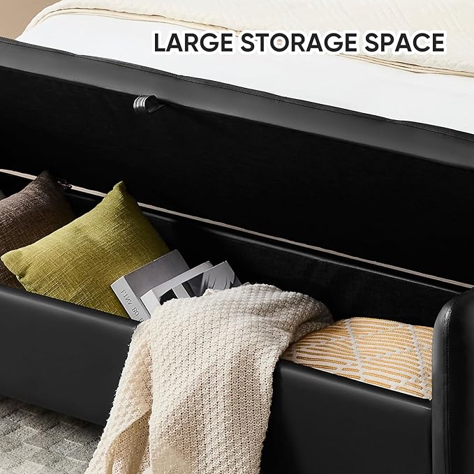 65" Leather Storage Bench, End of Bed Storage Bench King Size for Foot of Bed with Tufted Button and Gold Legs, Upholstered Faux Window Ottoman Benches with Armrests for Living Room, Black