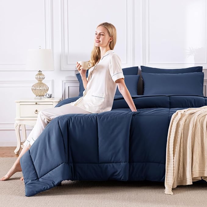 CozyLux Queen Comforter Set Navy Blue, 7 Pieces Bed in a Bag, Blue Comforter Queen Size, All Season Bedding Sets with Stitch Quilted Comforter, Flat Sheet, Fitted Sheet, Pillowcases