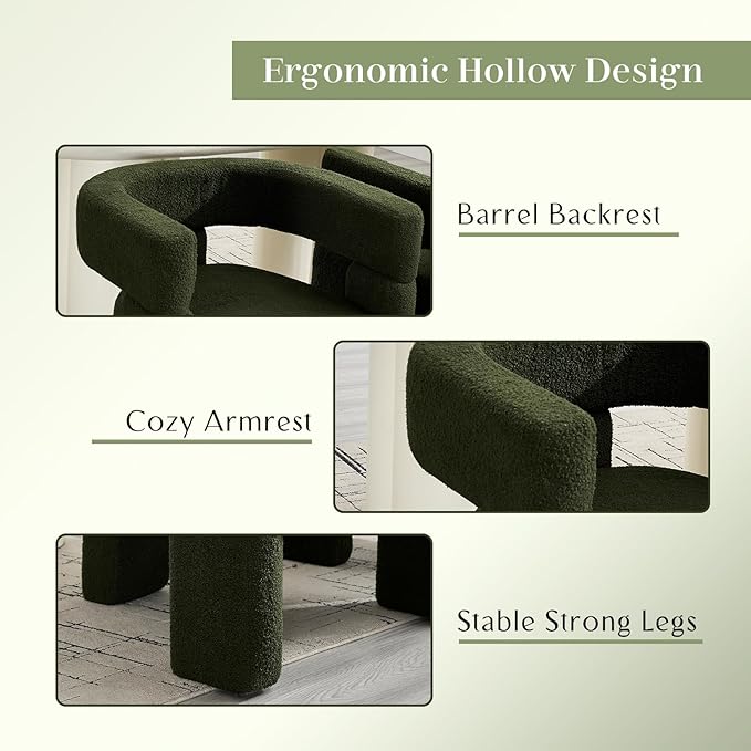 Sherpa Barrel Dining Chair, Upholstered Boucle Accent Kitchen Chairs with Arms, Comfy Faux Fur Side Chair Modern Armchair for Dining Room, Bedroom, Home Office, Green