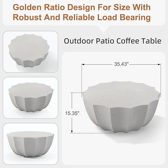 35" Outdoor Round Coffee Table Modern Stylish Design Waterproof & Moisture-Proof No Assembly Required Outdoor Coffee Table for Patio, Garden, Backyards - US Warehouse (White)
