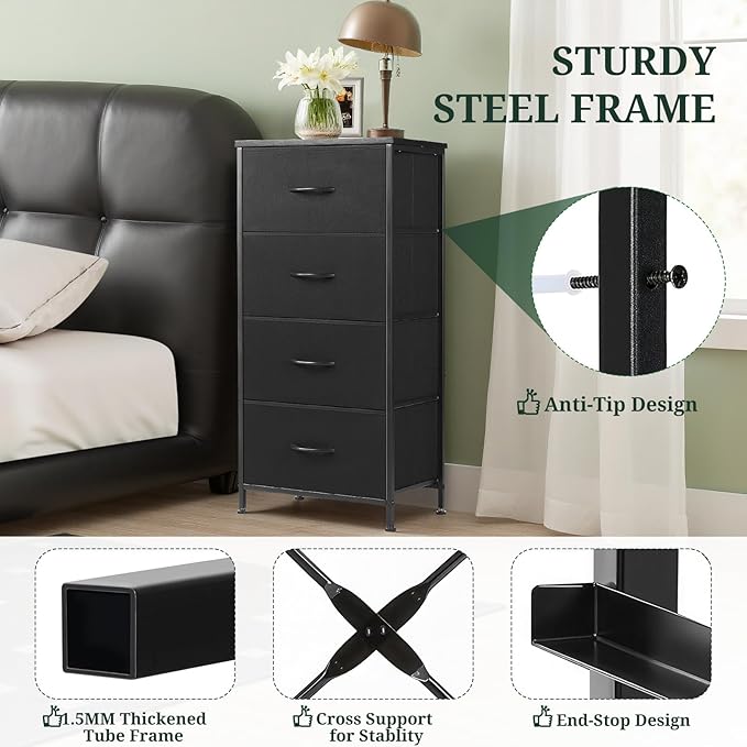 Nightstand, 4 Drawer Dresser End Table Bedside Furniture with Wooden Top Steel Frame Fabric Bins for Bedroom, Closet, Entryway, Dorm, Living Room, Black