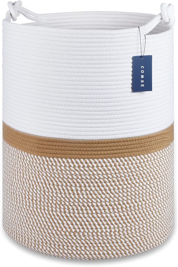 COMSE Extra Large Blanket Basket, Tall Woven Storage Basket, Nursery Hamper, 15.7”x 21.7”, Cotton Rope Laundry Hamper for Toys Clothes Towels, Blend White/Camel