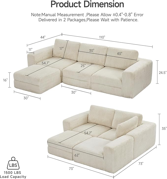 ONBRILL 110" Modular Sectional Sofa,L Shaped Couch 4 Seater with Sleeper Chaise,Upholstered Corduroy Couches for Living Room,Bedroom,No Assembly,Beige